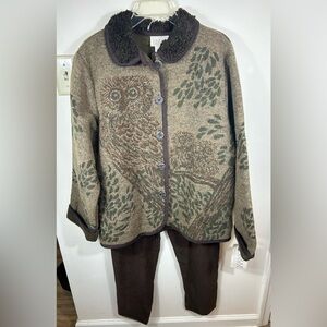 Cedar Canyon Owl Cardigan & Pant SET Women’s M 12‎ Wool Blend Nature Classic USA